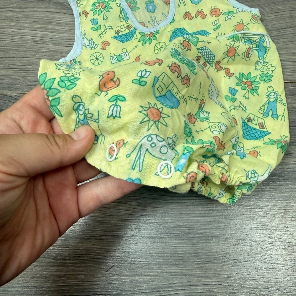 Vintage Baby Romper Farm Animal Print Yellow Cotton One‑Piece 3–6M Cottagecore